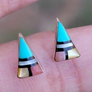 Native American Zuni handmade turquoise, MOP, and coral inlay 925 sterling silve